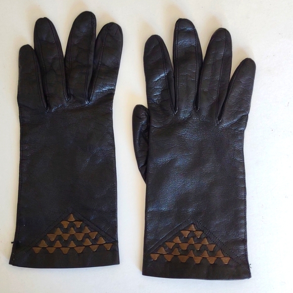 BLACK LEATHER GLOVE SILK LINING CARAMEL BRAID ITALY Classy Lady - Picture 1 of 9